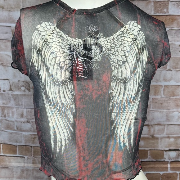 Sinful By Affliction Angel Wings Sheer Short Sleeve Crop Top - NWT - Picture 8 of 12